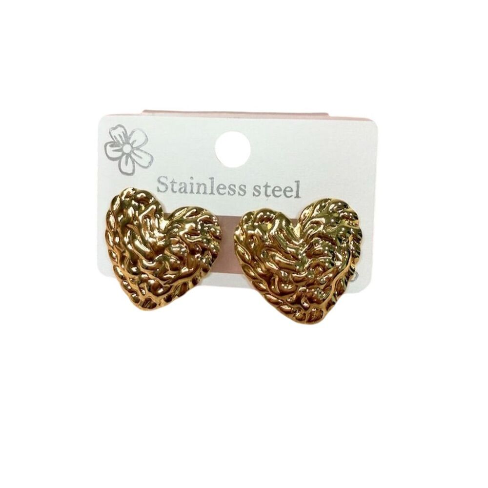 Fashion design  Gold Heart Stud Earrings hammered statement  Gift